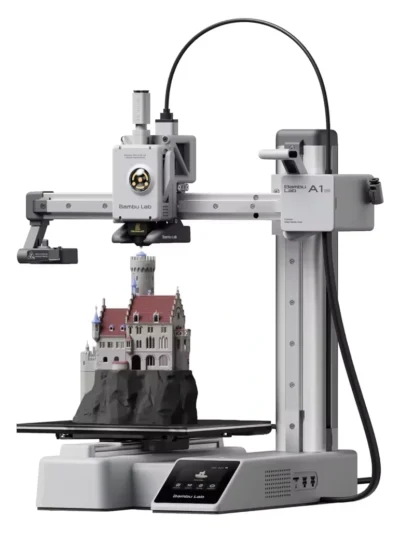 impressora 3d bambulab a1 imprimindo um castelo colorido