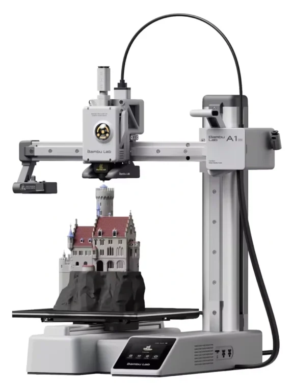impressora 3d bambulab a1 imprimindo um castelo colorido