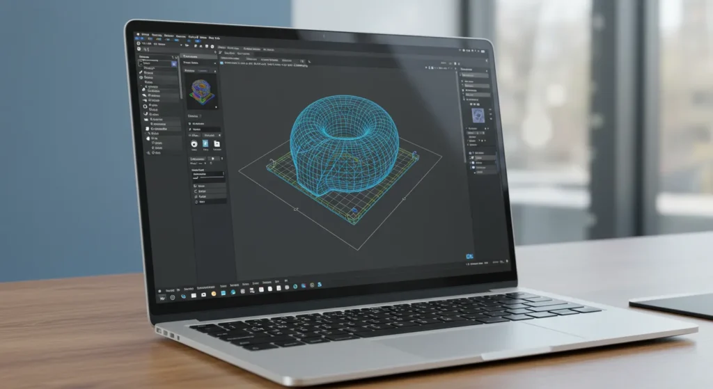 A sleek, modern interface of a 3D printing software displayed on a high-resolution laptop screen, featuring colorful design tools and a live 3D model. The style is minimalistic and professional, utilizing a blue and white color palette. Soft, diffused lighting emphasizes the clarity of the display, creating an inviting workspace atmosphere. High-quality rendering to ensure intricate details are visible. Watermark 'rota3d.com.br' discretely placed in bottom right corner.