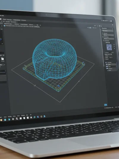 A sleek, modern interface of a 3D printing software displayed on a high-resolution laptop screen, featuring colorful design tools and a live 3D model. The style is minimalistic and professional, utilizing a blue and white color palette. Soft, diffused lighting emphasizes the clarity of the display, creating an inviting workspace atmosphere. High-quality rendering to ensure intricate details are visible. Watermark 'rota3d.com.br' discretely placed in bottom right corner.