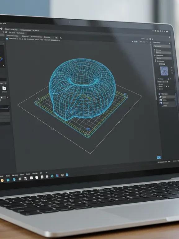A sleek, modern interface of a 3D printing software displayed on a high-resolution laptop screen, featuring colorful design tools and a live 3D model. The style is minimalistic and professional, utilizing a blue and white color palette. Soft, diffused lighting emphasizes the clarity of the display, creating an inviting workspace atmosphere. High-quality rendering to ensure intricate details are visible. Watermark 'rota3d.com.br' discretely placed in bottom right corner.