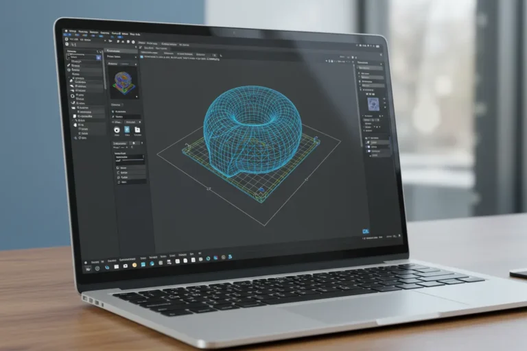 A sleek, modern interface of a 3D printing software displayed on a high-resolution laptop screen, featuring colorful design tools and a live 3D model. The style is minimalistic and professional, utilizing a blue and white color palette. Soft, diffused lighting emphasizes the clarity of the display, creating an inviting workspace atmosphere. High-quality rendering to ensure intricate details are visible. Watermark 'rota3d.com.br' discretely placed in bottom right corner.