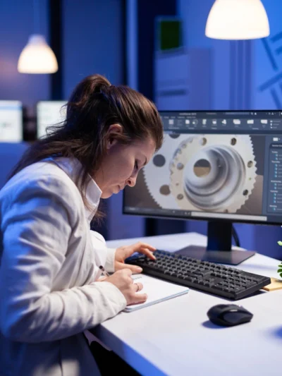 mulher desenhando engrenagem para prototipo na impressao 3d de engenharia