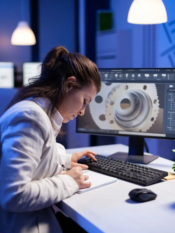 mulher desenhando engrenagem para prototipo na impressao 3d de engenharia