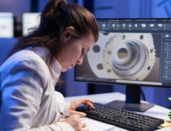 mulher desenhando engrenagem para prototipo na impressao 3d de engenharia
