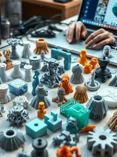 Uma variedade de objetos 3D impressos impecavelmente dispostos em uma bancada, com um laptop mostrando um software de fatiamento ao fundo.