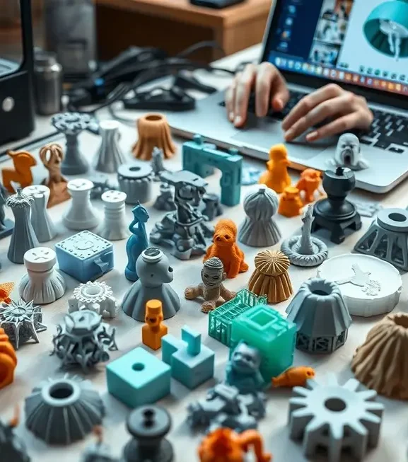 Uma variedade de objetos 3D impressos impecavelmente dispostos em uma bancada, com um laptop mostrando um software de fatiamento ao fundo.