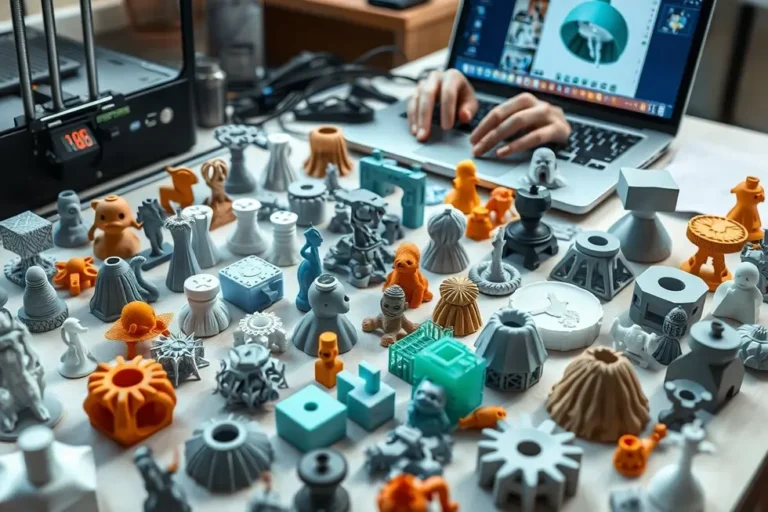 Uma variedade de objetos 3D impressos impecavelmente dispostos em uma bancada, com um laptop mostrando um software de fatiamento ao fundo.