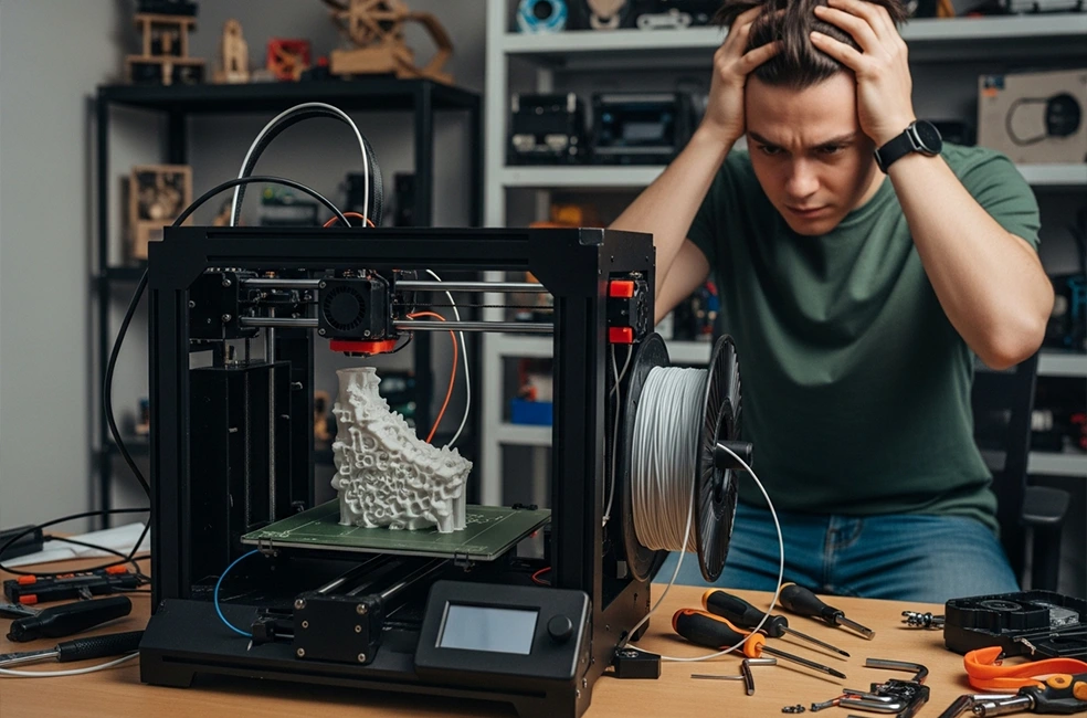 Pessoa frustrada diante de uma impressora 3D quebrada