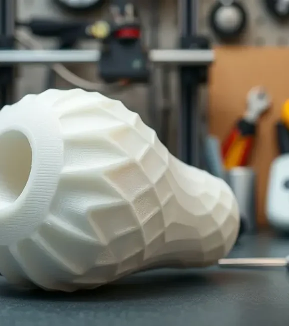 Peças 3D resistentes ao lado de equipamentos de impressão