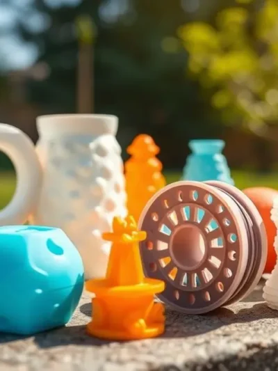 3D printed items using ASA filament displayed outdoors under sunlight.