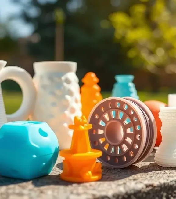 3D printed items using ASA filament displayed outdoors under sunlight.