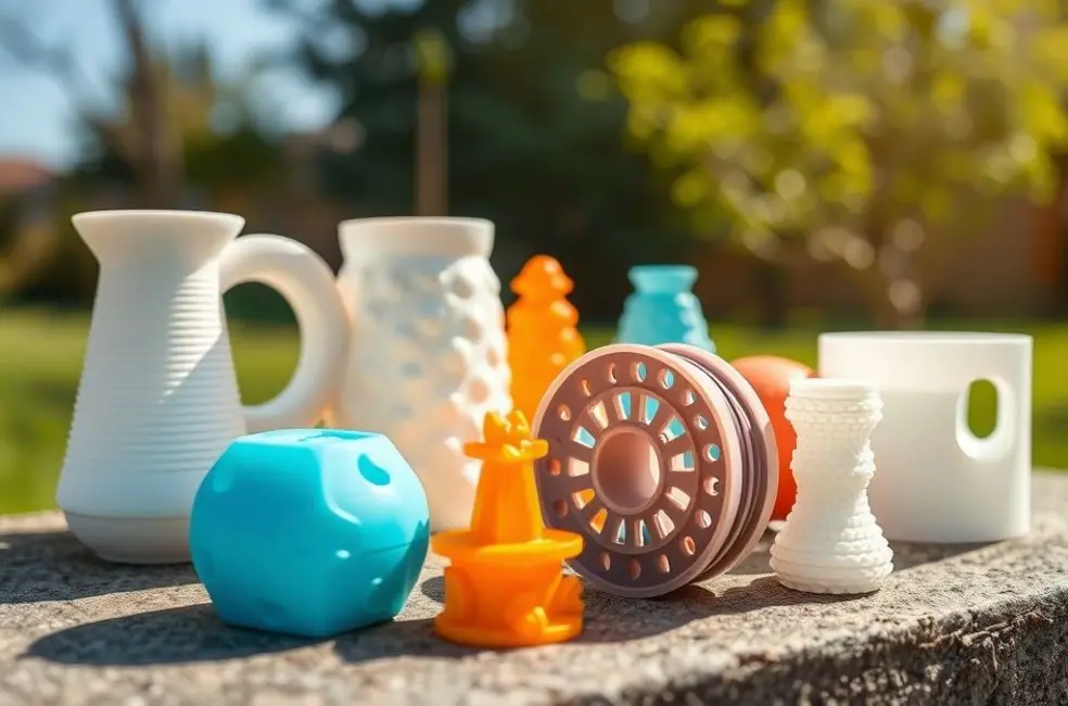 3D printed items using ASA filament displayed outdoors under sunlight.