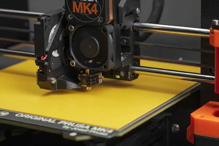 A cena de impressão 3D com destaque para a primeira camada sendo aplicada