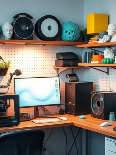 Área de trabalho de impressão 3D, evidenciando organização e recursos utilizados.