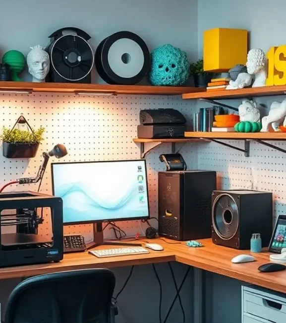 Área de trabalho de impressão 3D, evidenciando organização e recursos utilizados.