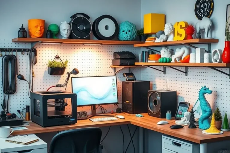 Área de trabalho de impressão 3D, evidenciando organização e recursos utilizados.