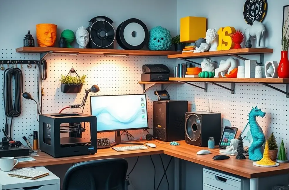 Área de trabalho de impressão 3D, evidenciando organização e recursos utilizados.