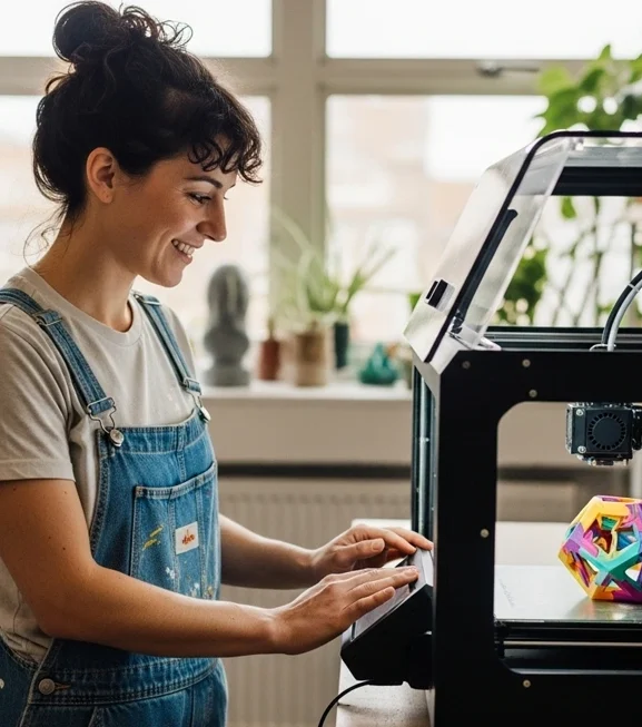 Criador feliz operando uma impressora 3D em um ambiente criativo.