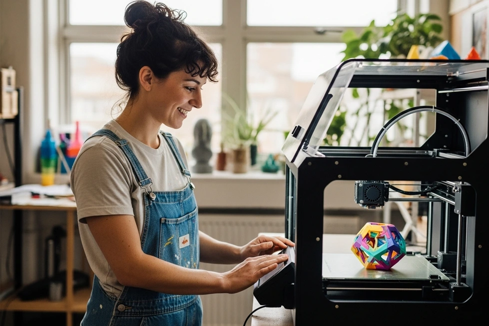 Criador feliz operando uma impressora 3D em um ambiente criativo.