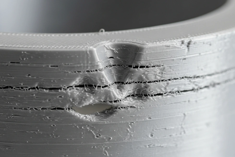 Impressão 3D de ABS com falhas, mostrando warping e problemas de aderência.