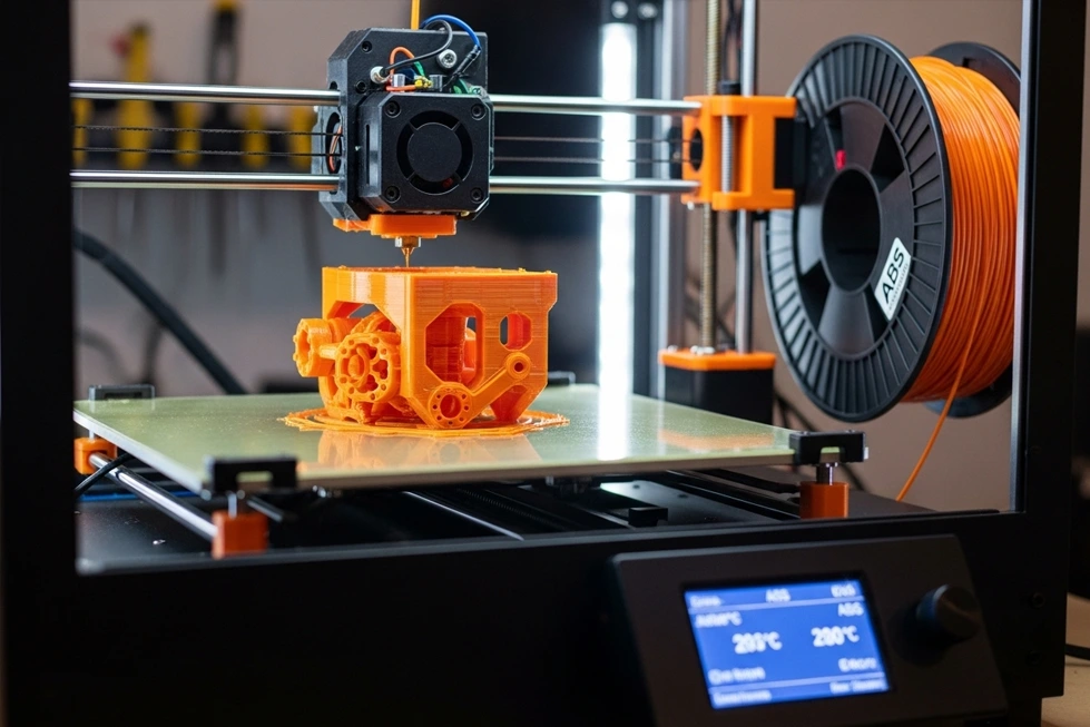Impressora 3D em ação utilizando filamento ABS.
