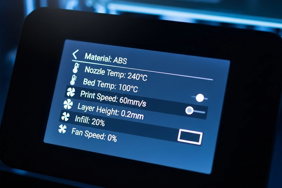 Tela da impressora 3D mostrando as configurações ideais para impressão de ABS.